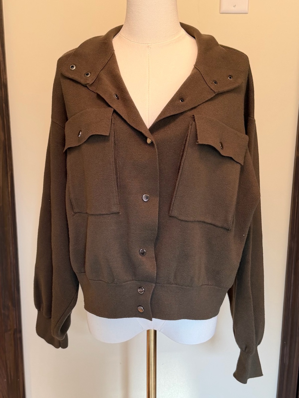 Marled Olive Utility Knit Jacket with Flap Pockets